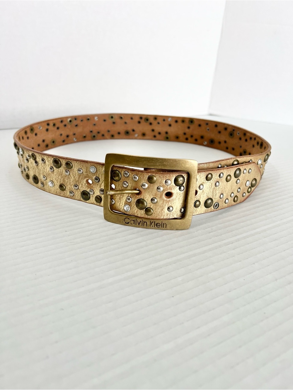 Calvin Klein Gold Studded Leather Belt Brushed Buckle S Edgy Rocker Maximalist